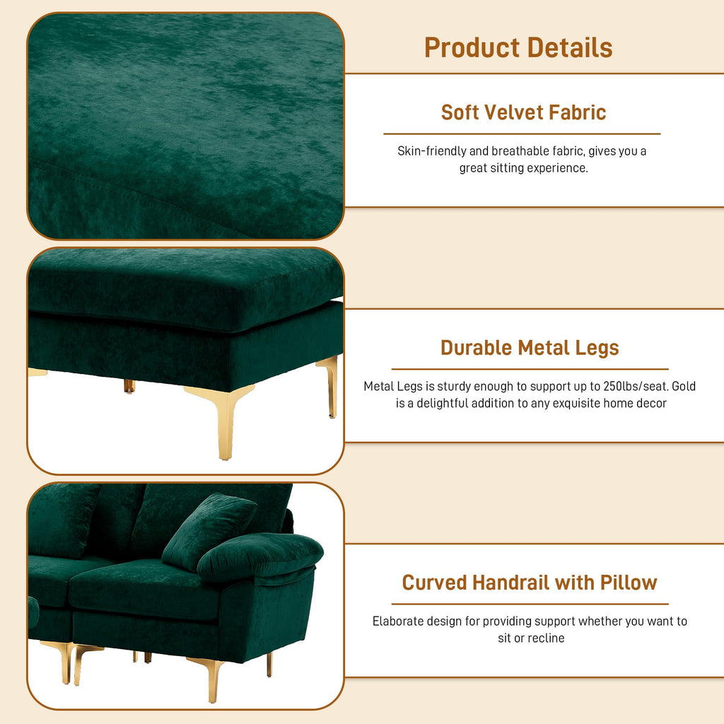 114" U-Shaped Sectional Couch with Ottoman, Emerald Green