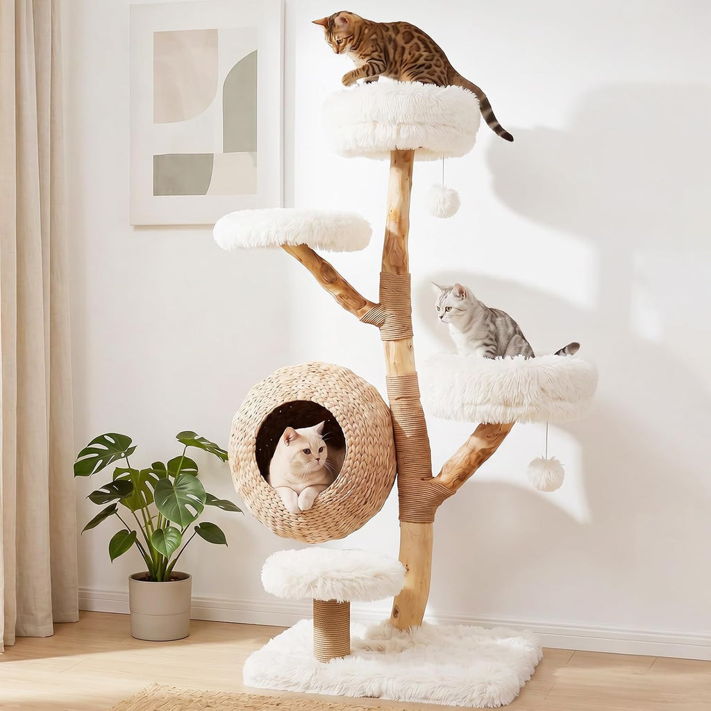 53-inch Wood Cat Tree, Multi-Level Modern Wooden Cat Tower, White