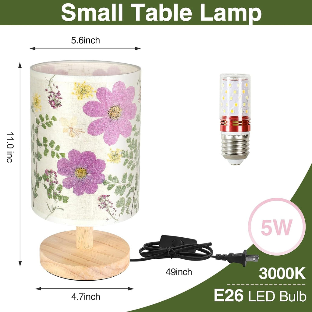 Dried Flowers Small Table Lamp 5W LED Color Bedside Lamp Pressed Flowers Lampshade with Wood Base Living Room Desk