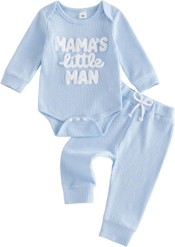 Waffle Knit Baby Boy Clothes Letters Embroidered Romper Pants Set