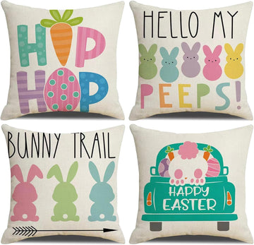 Easter Decor-Throw Pillow Covers 20x20in,Spring Linen Pillow Case with Bunny and Egg for Large Couch Sofa - Set of 4