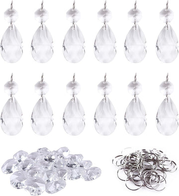 12Pcs38mm Clear Crystal Teardrop Chandelier Prisms Parts Hanging Galss Crystal Pendants Beads +50pcs Metal Split Ring