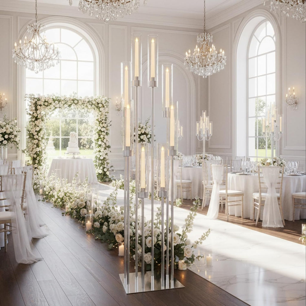 Large Floor Candelabra for Centerpiece: 8-arm Floor Candleholders with Acrylic Shades for LED Candles, Metal Pillar