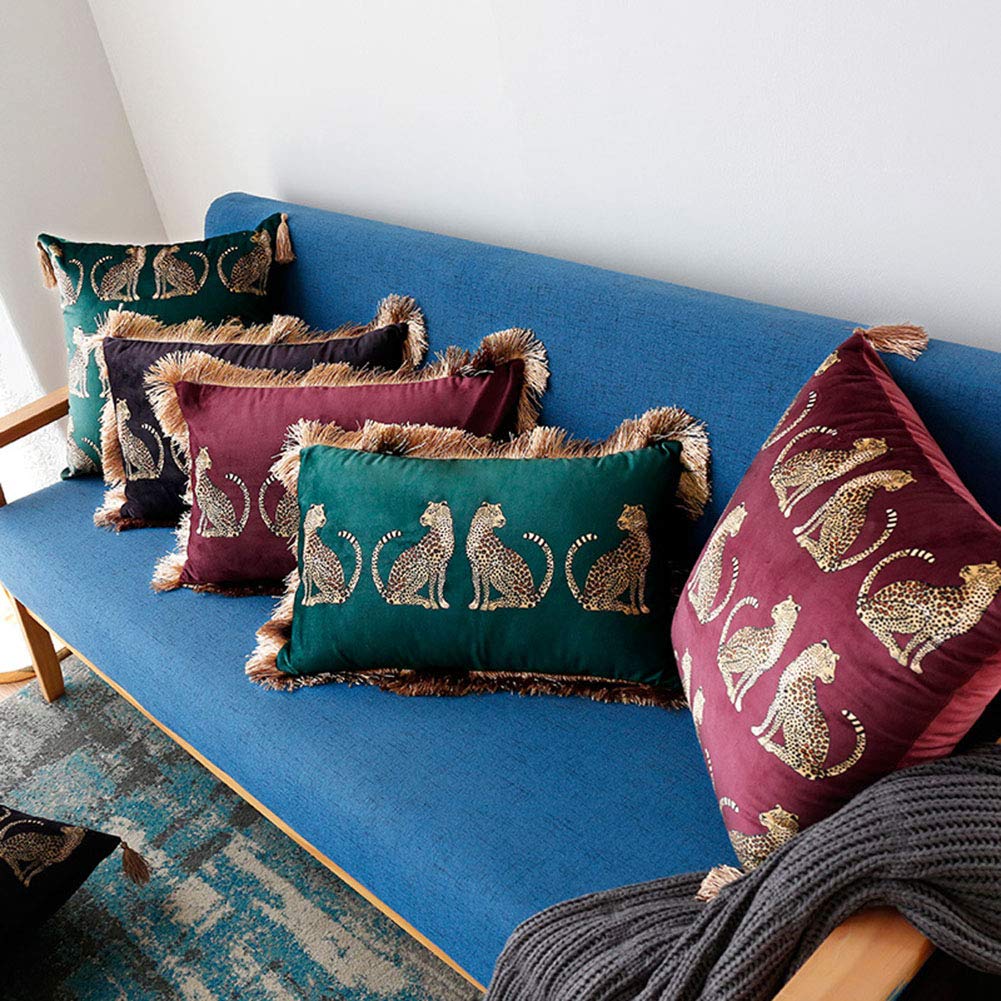 Lumbar Decorative Throw Pillow Cover with Tassels Leopard Pattern Cushion Cover Luxury Style Soft Velvet Pillowcase