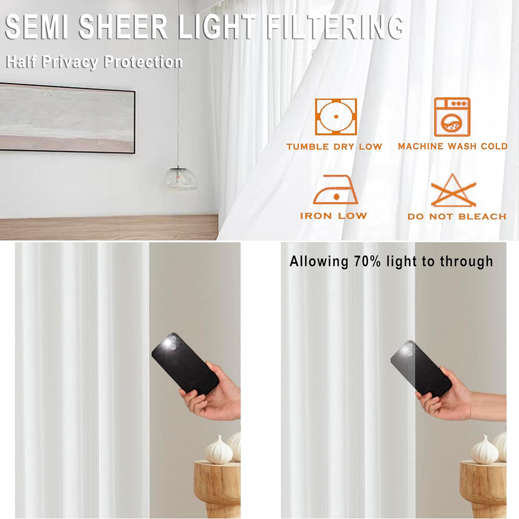 White Bohemian Pinch Pleated Semi Sheer Curtains (Set of 2 Panels) 63 Inch Long