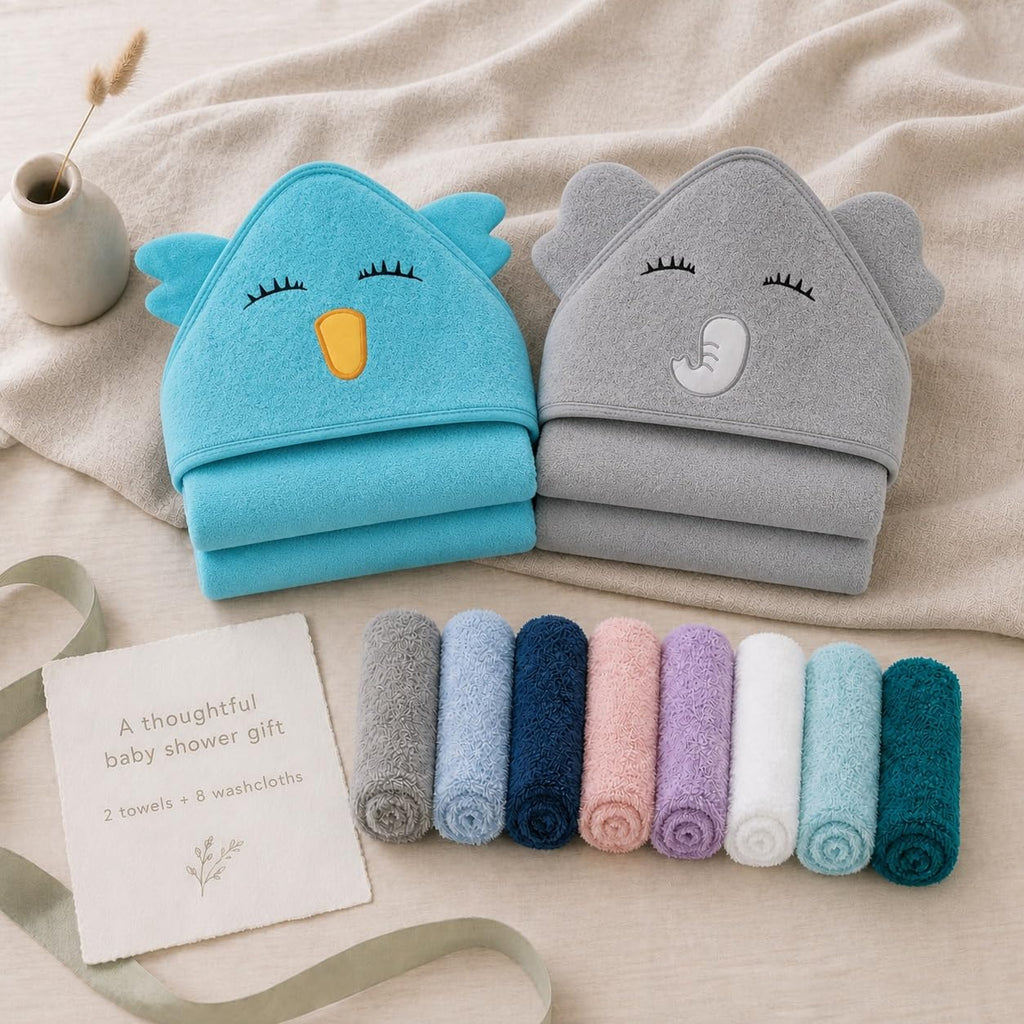 2 Pack Hooded Baby Towel Rayon Made from Bamboo and 8 Washcloths - Lovely Elephant, Happy Bird