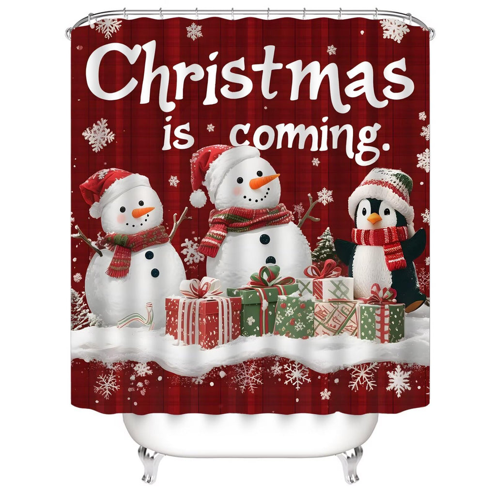 4Pcs Christmas Cute Snowman Set with Non-Slip Rug Toilet Lid Cover and Bath Mat with 12 Hooks Red Buffalo Check Plaid