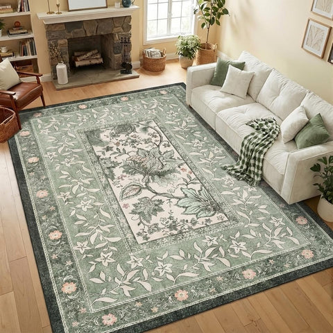 5x7 Washable Botanical Vintage Area Rug, Low Pile Non-Slip Carpet Sage Green