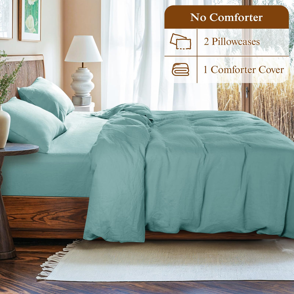 100% France Linen Duvet Cover Set 3 Pcs Natural Flax Duvet Cover Set 2 Pillowcase 1 Duvet Cover with Zipper (Aqua