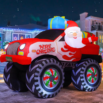 7.5 FT Length Christmas Inflatables Truck Outdoor Decoration Blow Up Santa Claus with Presents on Truck with Built-in