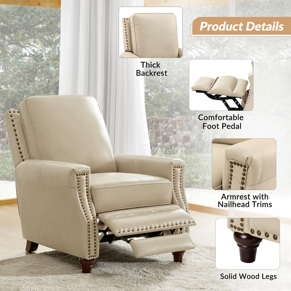 Genuine Leather Manual Recliners Set of 2 with Wood Legs, Beige
