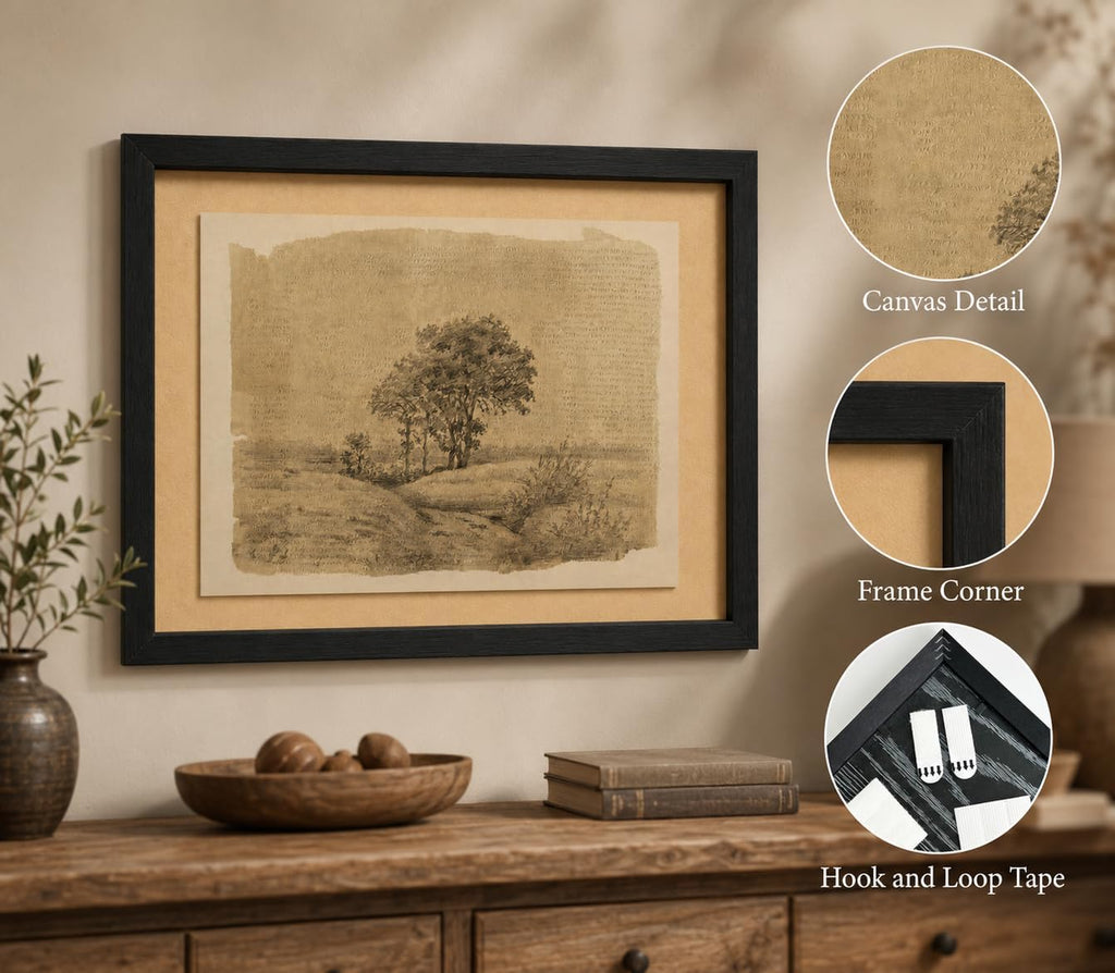 Framed Landscape Sketch Wall Art Rustic Tree Painting Picture Wall Decor Sepia Country Scenery Poster Print Artwork