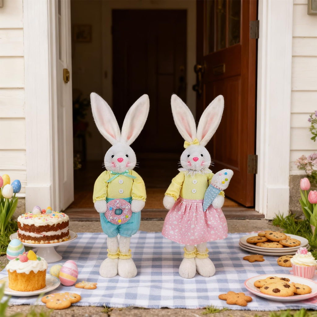 Easter Decorations Standing Bunny with Stretchable Legs, 21" to 26" White Rabbits Couple Figurine, Party Favor - Set of 2