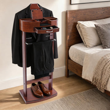 Suit Valet Stand, Wooden Suit Rack for Men and Women, Clothes Valet Stand with Drawer & Trouser Holder, Mens Valet