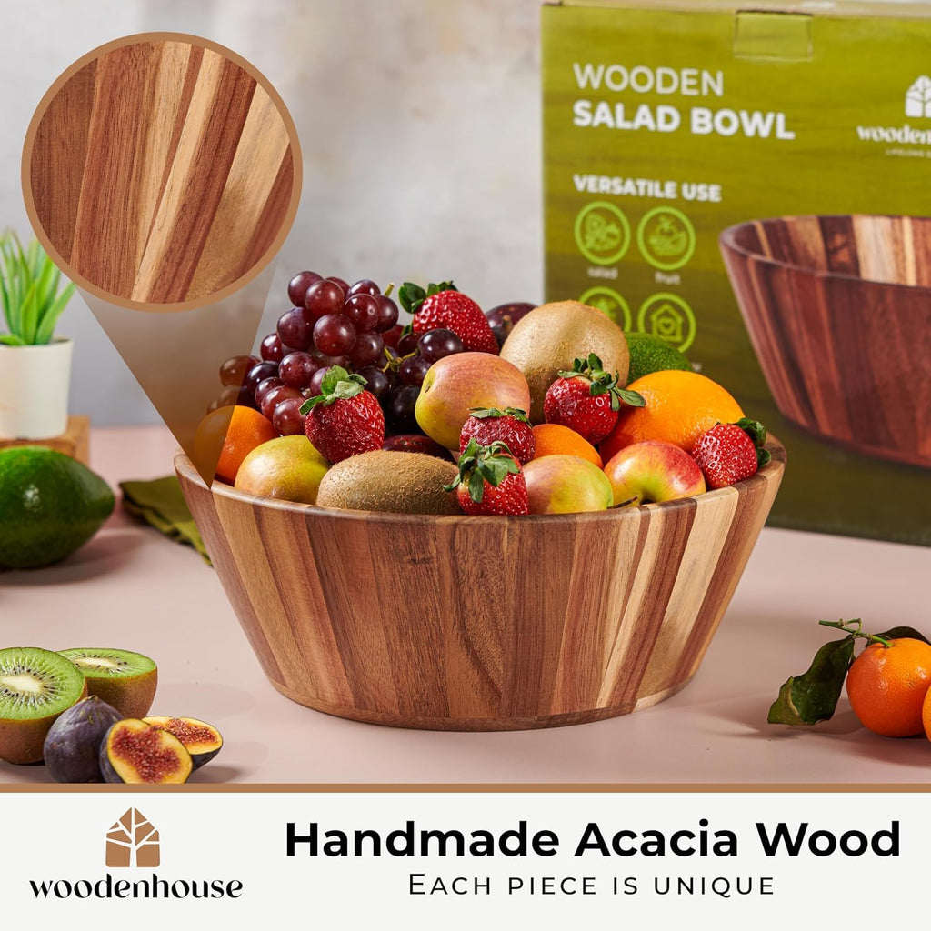 Wooden Salad Bowl, 12" Large Wooden Serving Bowls for Food, Handmade