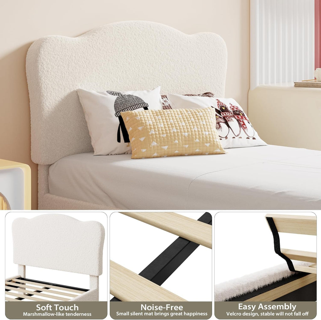 Upholstered Sturdy Twin Bed Frame for Kids, Girls, Boys, Beige | Scallop Headboard, Cute Velvet Platform Bed, No Box