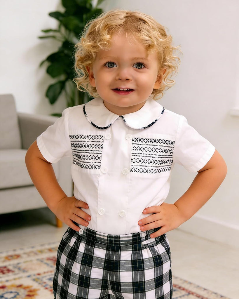 Smocked toddler boy outfits Summer Cotton Short Sleeve boys' button-down shirts Casual 2 piece Clothing Set