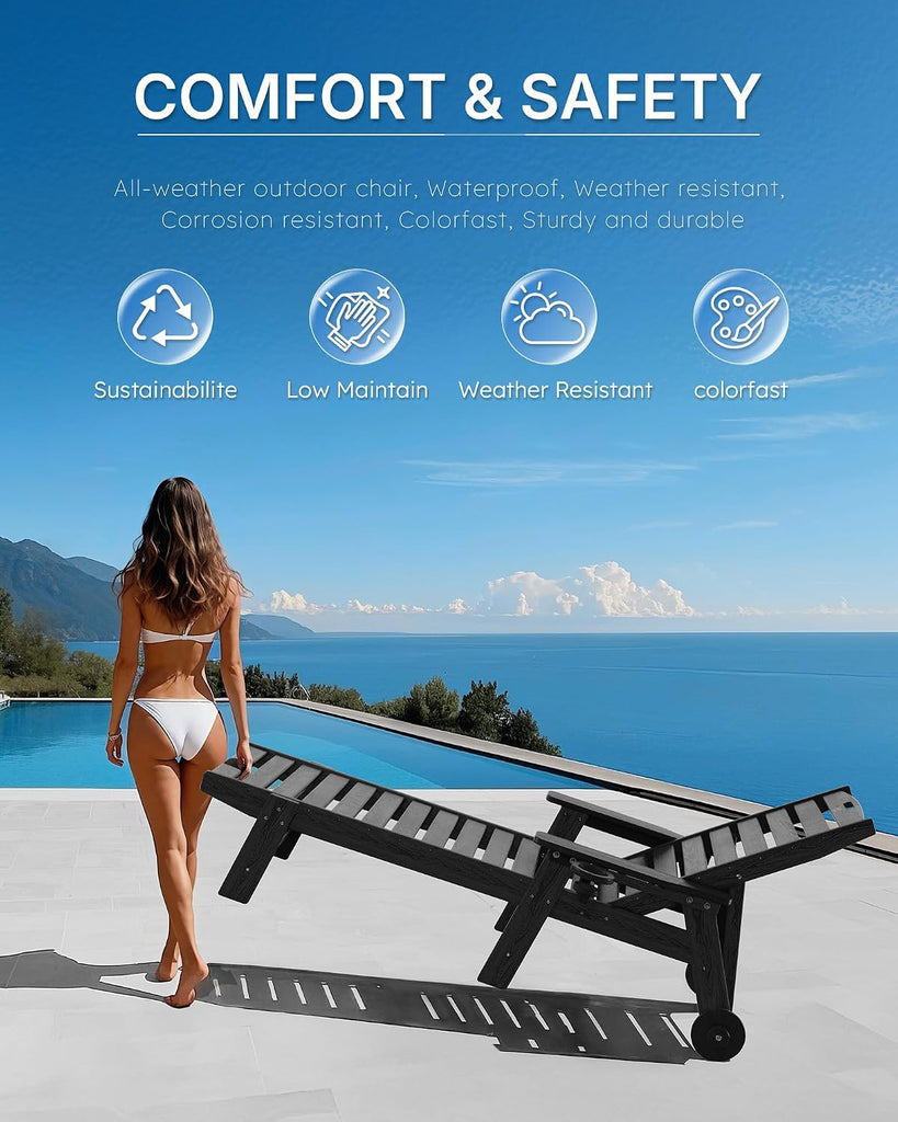 Patio Chaise Lounge Chair Set of 2, Oversize Lounge Chairs with Wood Texture& Rolling Wheels, HDPE 6-Position Plastic