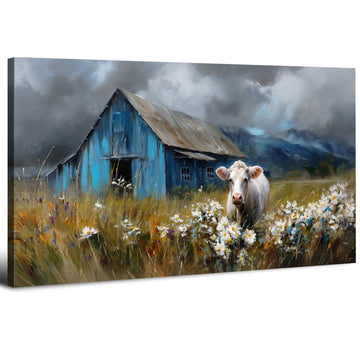 Rustic Farmhouse Wall Art Cow and Blue Barn Canvas Pictures Country Landscape Wall Decor Wildflower Field Painting