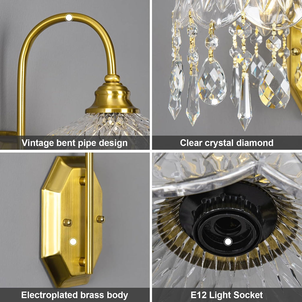 2-Pack Vintage Wall Sconce,Glass Crystal Wall Sconce,Matte Brushed Antique Brass Finish Set of Two for Bedroom