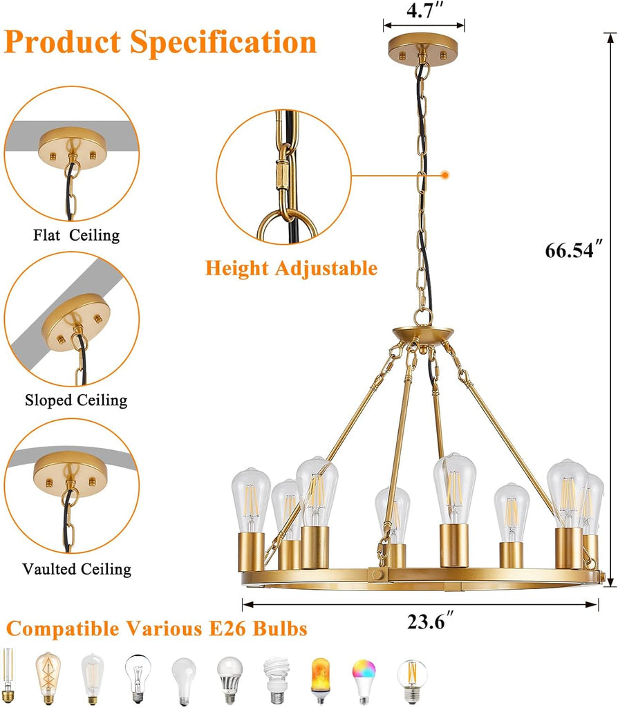 Inspired Camino Style Chandelier - Gold Wagon Wheel Chandelier, 8 Lights Dining Room Light Fixture,23.6" Golden Metal Kitchen Island Lighting Round Pendant Light Hanging Lamp for Foyer Living Room Entryway,Height Adjustable,E26 A105-B0D78CMMRJ