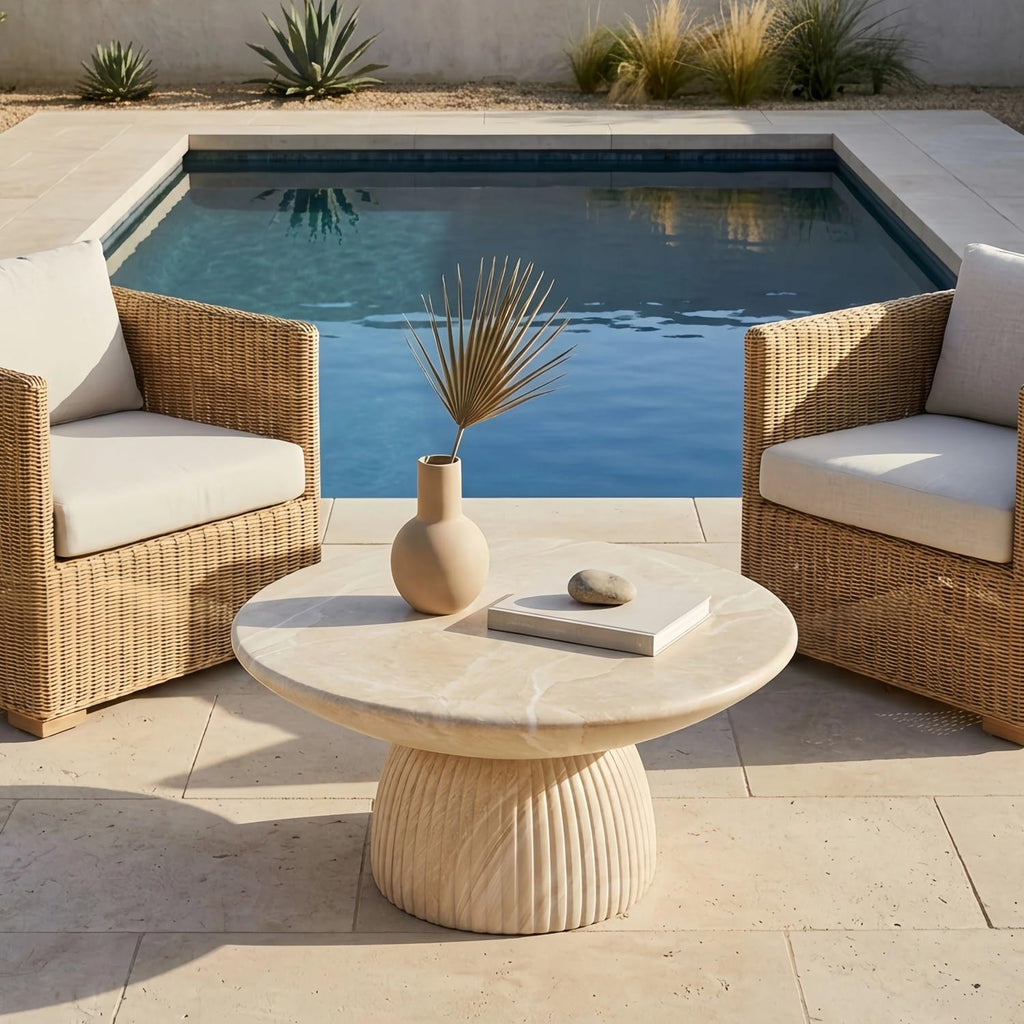 Round Coffee Table, 27 Inch Faux Travertine Magnesium Oxide Cocktail Table with Fluted Pedestal Base, Modern Wabi