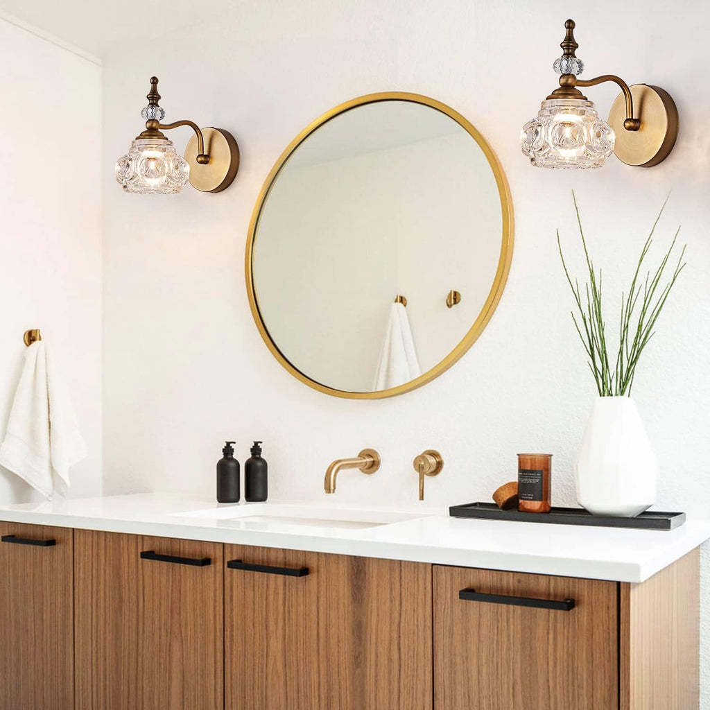 Vintage Wall Sconces, 1-Light Wall Lighting with Crystal Glass Shade, Matte Brushed Antique Brass Finish, Crystal
