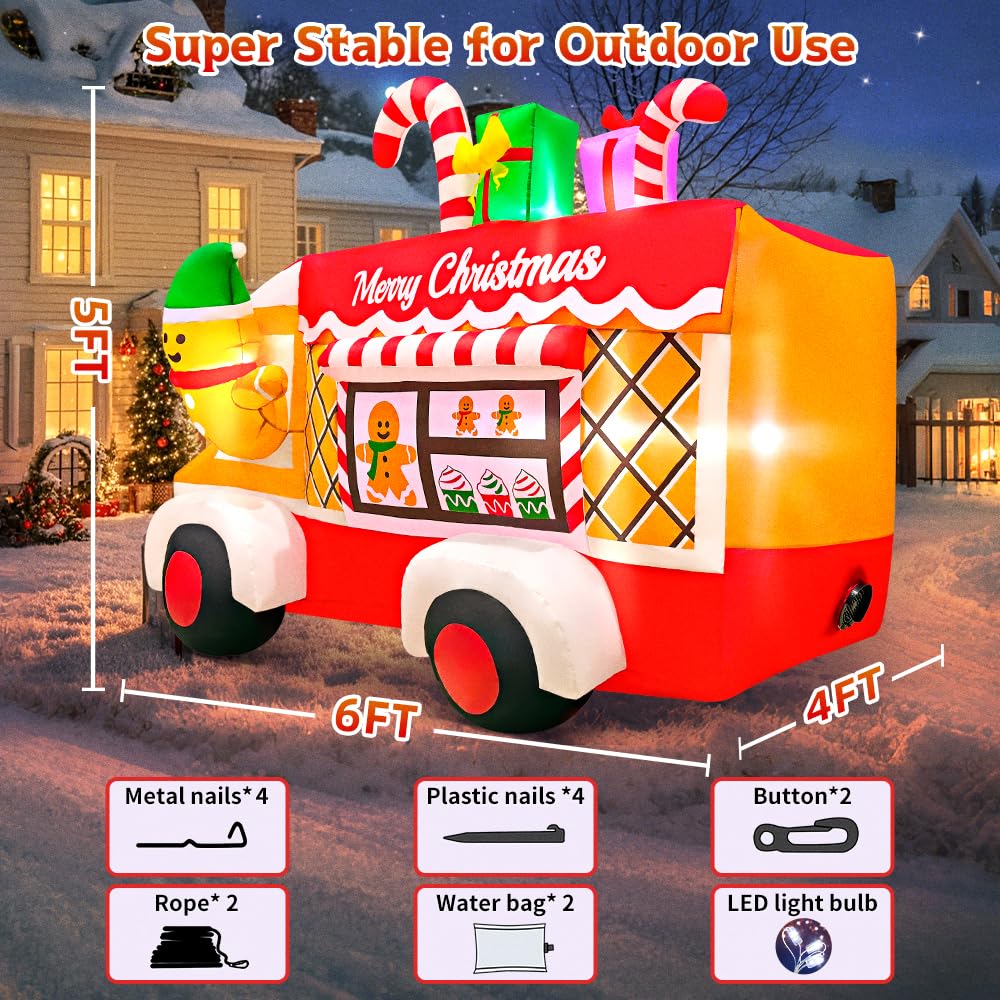 6FT Christmas Inflatables Truck, Gingerbread Car Blow Up Yard Decoration Xmas Inflatable Train with Built-in LEDs for