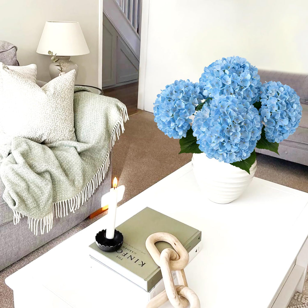 Boho Light Blue Fake Artificial, 4Pcs 22" Large Lifelike Silk Artificial Hydrangeas, Full Fake for Bouquet Table