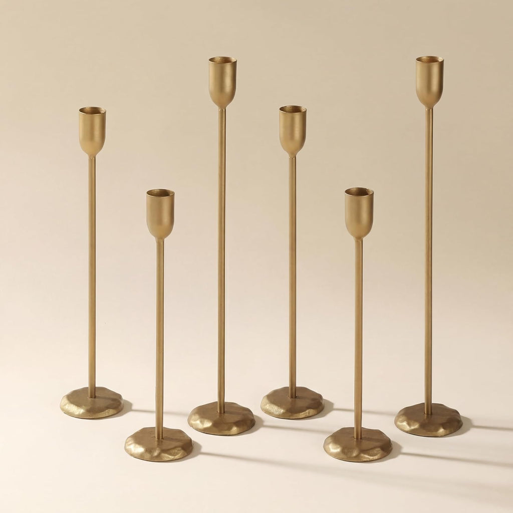 Brass Candlestick Holders Set of 6 - Antique Gold Iron Candle Holders for Christmas, Birthday, Wedding, Party, Dining