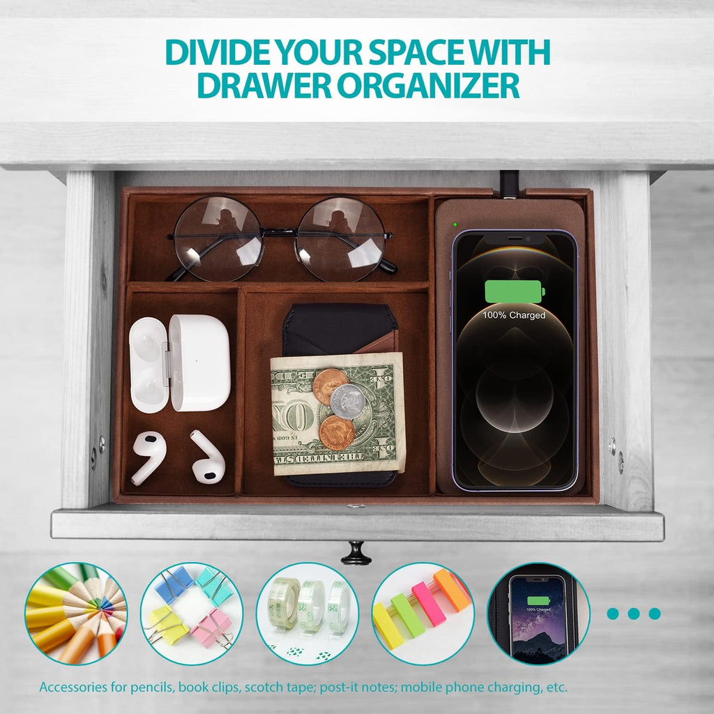 Valet Tray, Built in Wireless Charging Pad, Nightstand Organizer