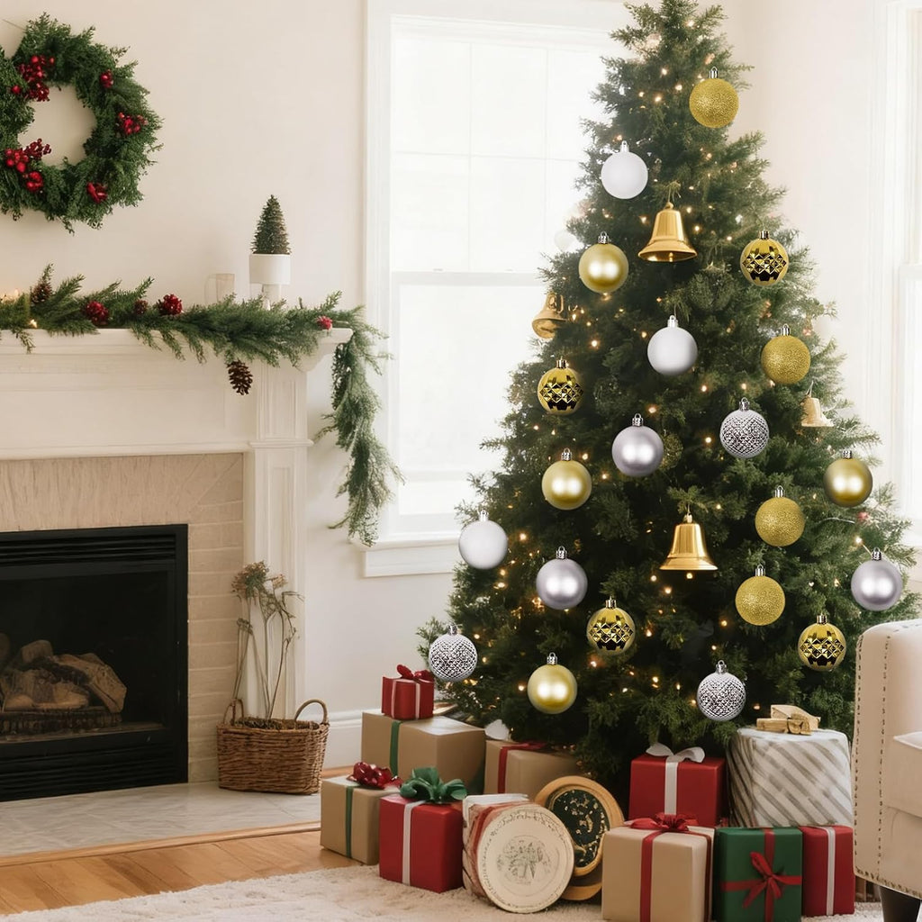 Tree Decorations Ornament Set, 60ct 2.36 Inches White Sliver and Gold Shatterproof Christmas Ball Ornaments, Hanging