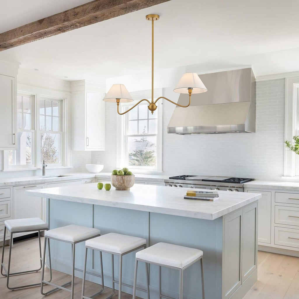 Modern Gold Linear Chandelier for Kitchen Island, 2-Light Linear Light Fixture with Off-White Fabric Shade, Rustic