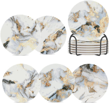 Coasters for Drinks Absorbent with Holder,Abstract White Gold Marble Sets of 6 Durable Cup Coaster for Coffee Table - Set of 6
