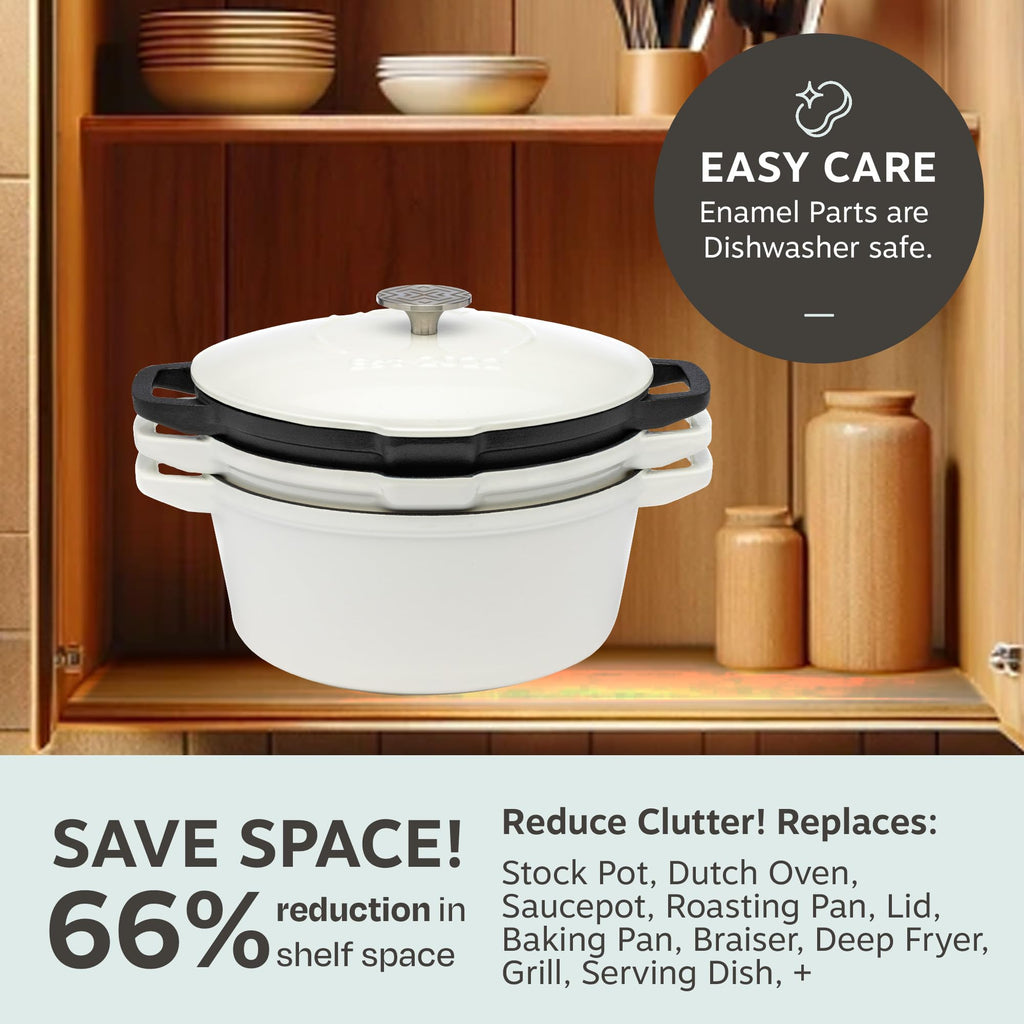 5pc Stackable Cast Iron Cookware Set, Versatile Enamel Dutch Oven, Seasoned Grill Pan & Enamel Braiser with Precision