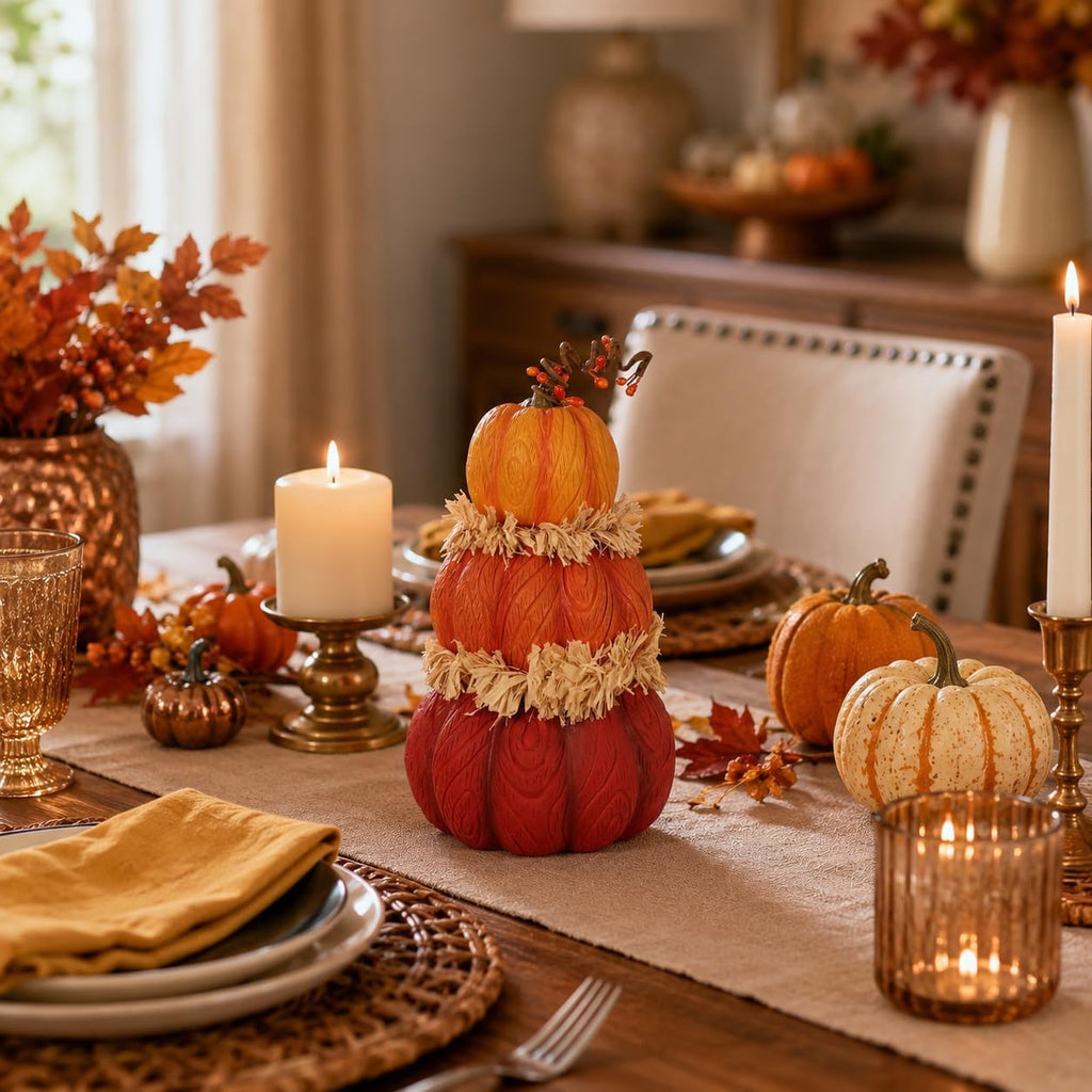 Fall Pumpkin Decor, 7.5in Resin Pumpkins Figurine for Fall Decor, Stacked Knit Textured Pumpkin Fall Decorations