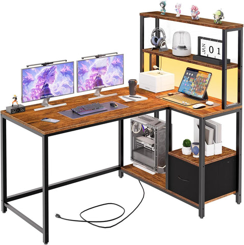 L Shaped Gaming Desk, 46 Inch Reversible Computer Desk with LED Light & Power Outlet