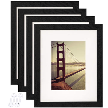 8x10 Picture Frame Black Wood Pattern Set of 4 with Tempered Glass, Display Pictures 5x7 with Mat or 8x10 Without Mat