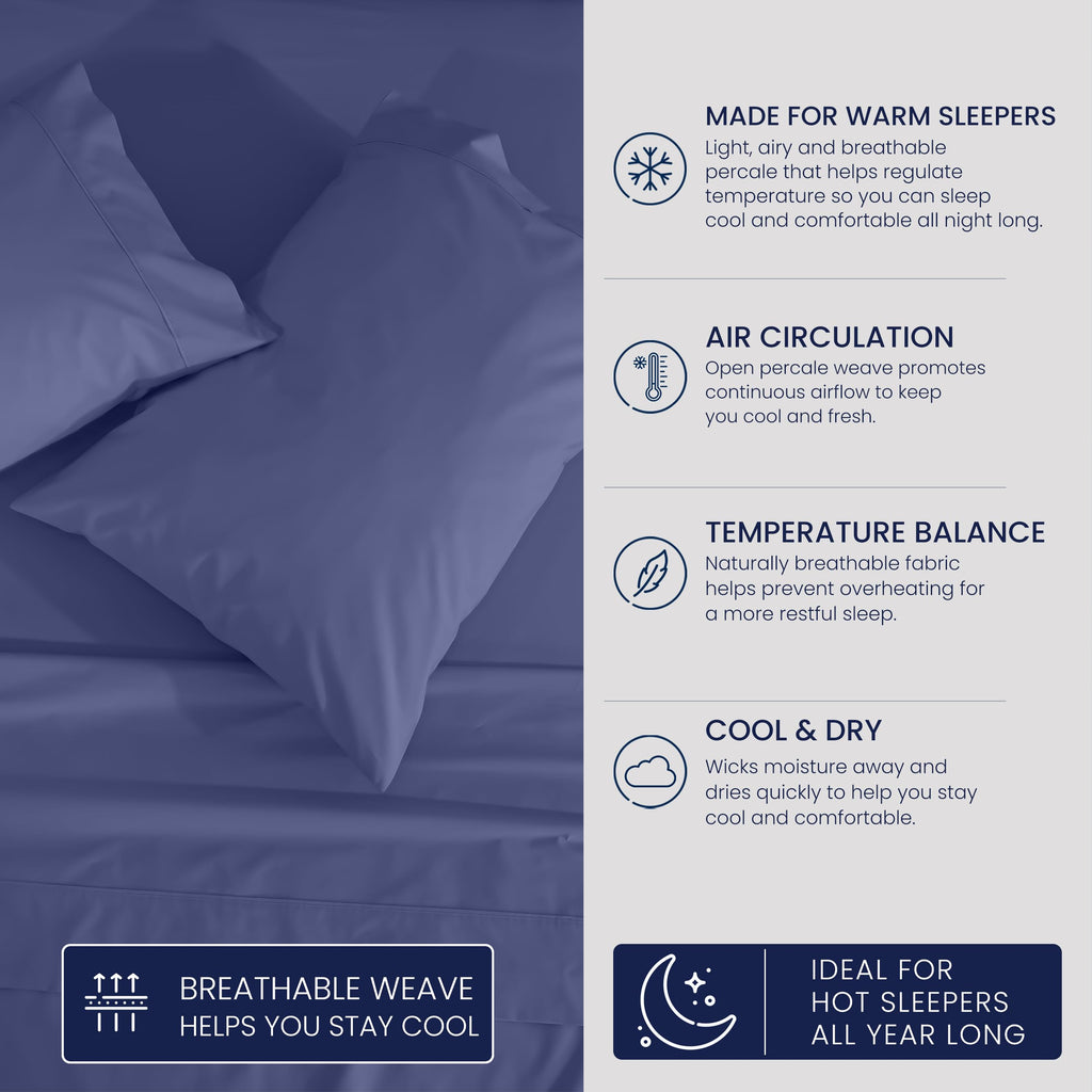 100% Cotton California King Sheets, Percale Weave, Classic Blue
