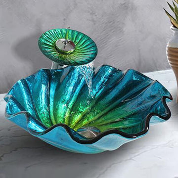 Artistic Bathroom Sink and Waterfall Faucet Set Tempered Glass Seashell Vessel Sink Basin Washing Bowl Vanity Cabinet
