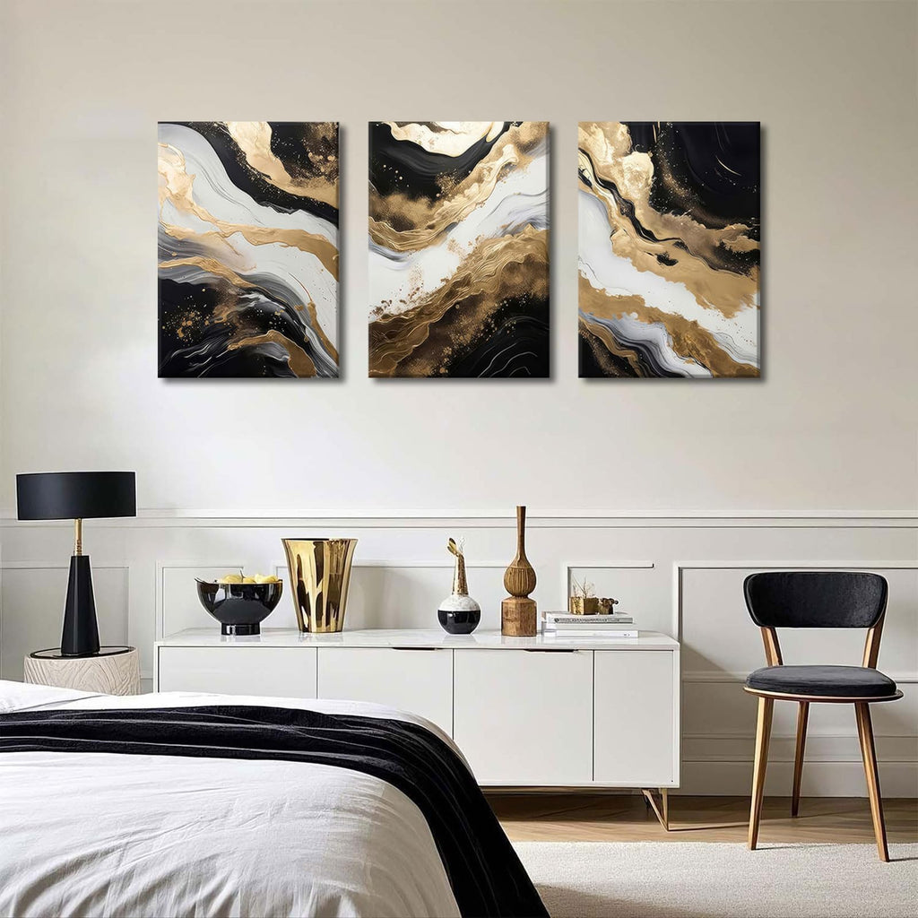 Black and Gold Abstract Canvas Wall Art Set of 3 Abstract Black Gold Marble Wall Decor Pictures Neutral Modern