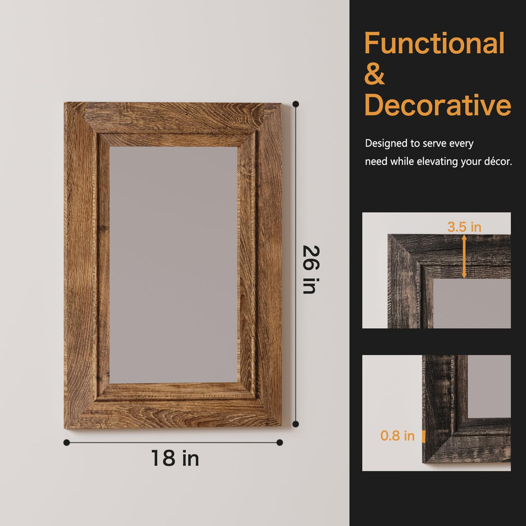 Rustic Wall-Mounted Vanity Mirror, Solid Wood Frame Bathroom Mirror, Farmhouse Style, Horizontal/Vertical Hanging