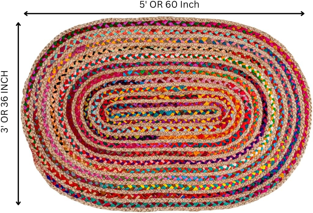 Oval Jute Cotton Chindi Rug 3x5 FT Multicolor Braided Floor Mat