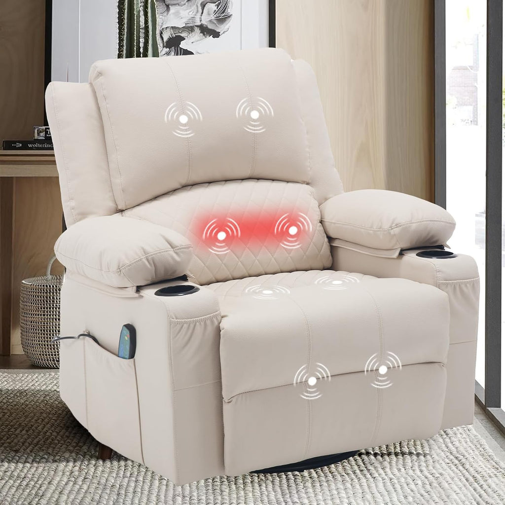 Leather Swivel Rocker Recliner Massage Nursery Rocking Glider Chair, White | Wide Seat, Overstuffed, Cup Holders