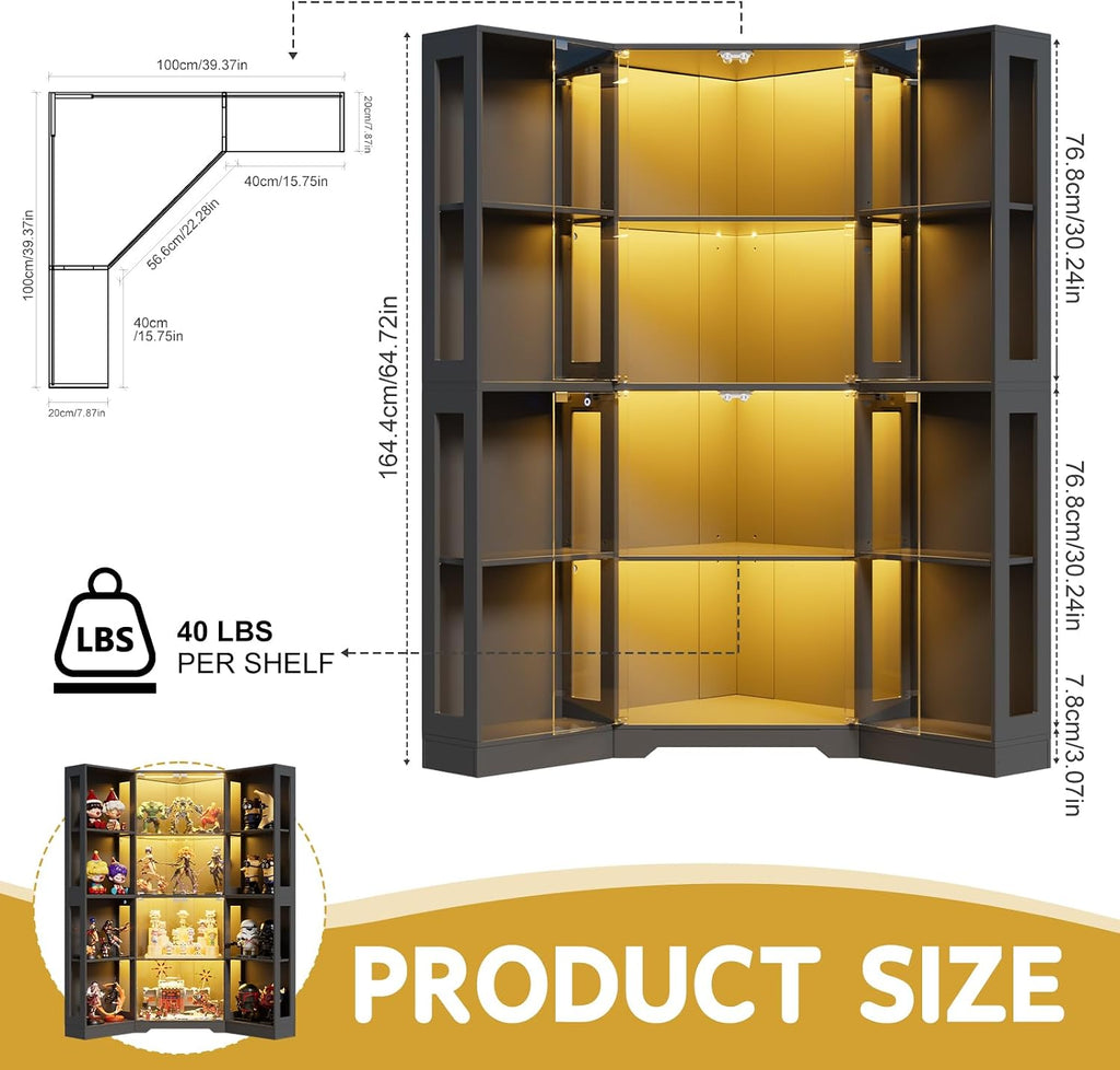 Corner Display Curio Cabinet with Glass Doors,65" Lighted Collectibles Showcase with 3 Color LED Lights,4-Tier