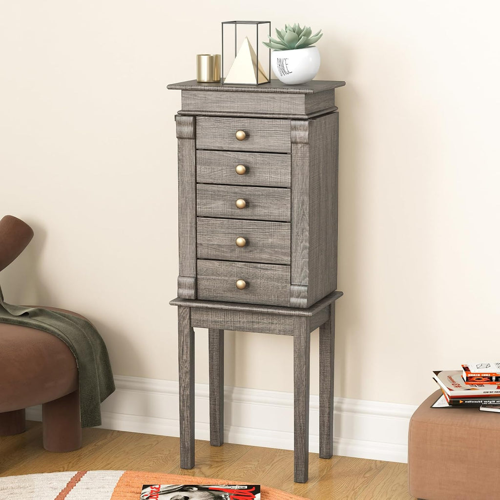 Jewelry Armoire Cabinet, Wooden Jewelry Chest Organizer with Flip Top Makeup Mirror, 5 Drawers, 2 Side Doors, 8