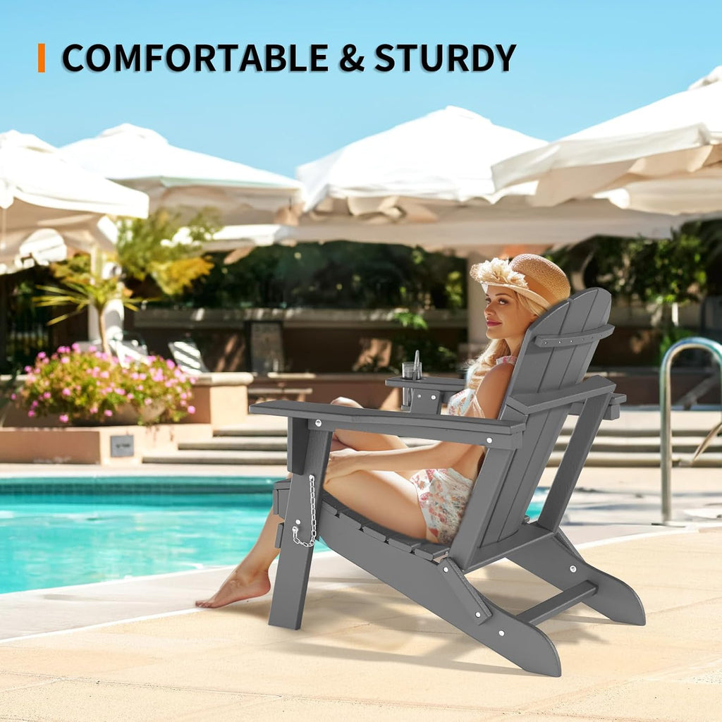 Plastic Adirondack Chairs Set of 2, Folding with Cup Holder, Waterproof HDPE Material, Comfortable 380lb Weight