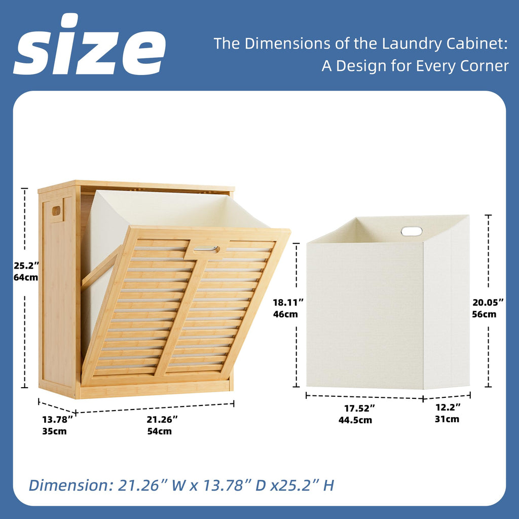 Tilt Out Laundry Hamper, Bamboo Laundry Cabinet with Hidden Removable Basket, Freestanding Clothes Storage organizer