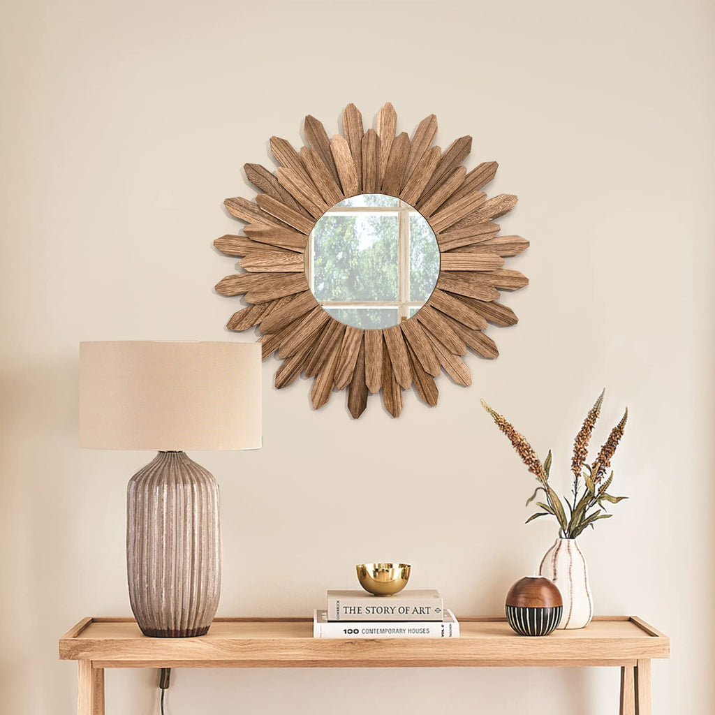 Mirror Wall Decor 21 inch Rustic Wood Boho Aesthetic Mirror for Room & Home Decor Farmhouse Wall Decor at Living Room