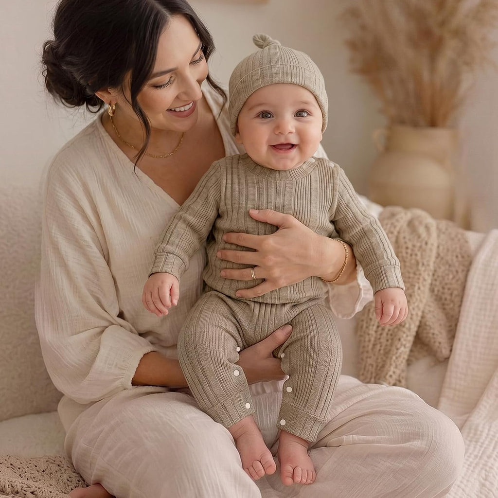 Baby Girl Ribbed Romper Hat Set Long Sleeve Infant Fall Outfit
